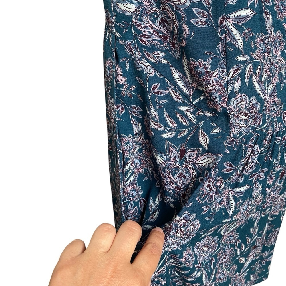 Garnet Hill Teal Floral Dress XS 0 V Neck Pleated Pockets Lined Viscose - Picture 8 of 15